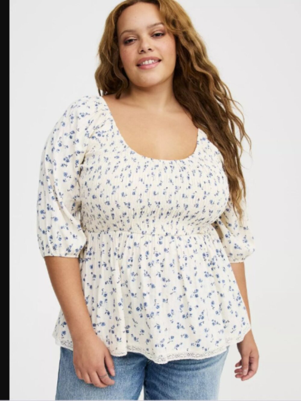 Torrid Smocked Babydoll Top Blue White Floral Print NWOT Size 2X